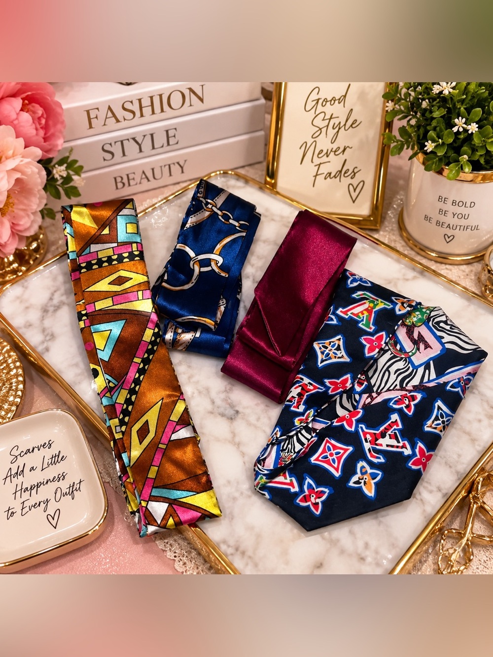 Silk-Neck Scarf Set - Multicolor & Navy